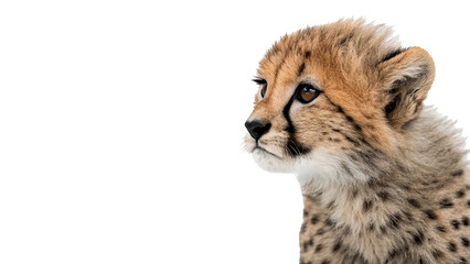 Cute little cheetah cub close up portrait isolated on transparent background for wildlife © PNG_MEGAStock