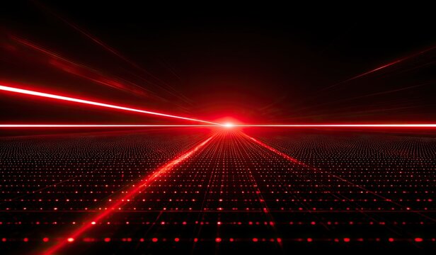 Red digital matrix with converging light beams in darkness