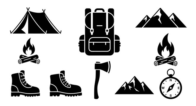 Camping and Hiking Icons: Tent, Backpack, Boots, Axe, Compass, Mountains, Campfire