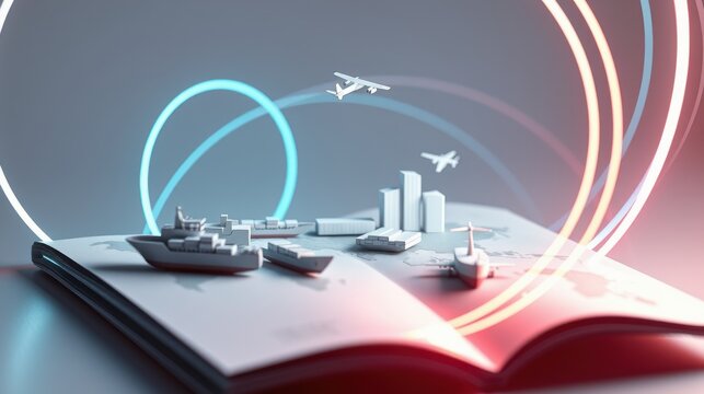 Open book displays miniature transport models. Planes fly above ships, buildings. Bright lines create dynamic visual effect. Futuristic concept.