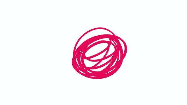 Doodle messy scribble circle loop animation, pink magenta hand drawn spiral on white background, chaotic sketch overlay for creative and social media video