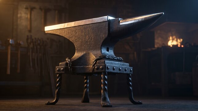 Heavy iron anvil on a forged stand in a dark traditional blacksmith workshop.