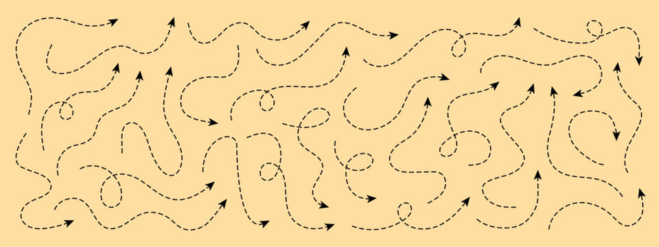 Set of squiggle line dashed arrows. Dash curved vector editable stroke arrows