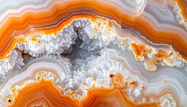 Close-up of layered agate geode with crystal center