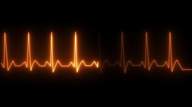 Neon line electrocardiogram animation. Neon ecg line animation video on black background. Heart beat. One pulse line. ECG heartbeat monitor, ECG monitor, Heart beating and pumping.