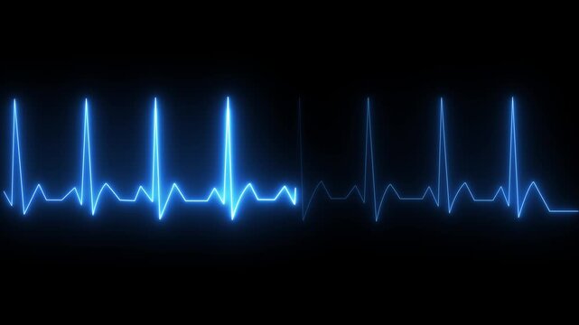 Neon line electrocardiogram animation. Neon ecg line animation video on black background. Heart beat. One pulse line. ECG heartbeat monitor, ECG monitor, Heart beating and pumping.