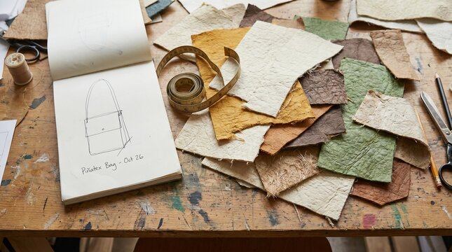 Designer sketches a new handbag design surrounded by sustainable pineapple leather fabric samples on table