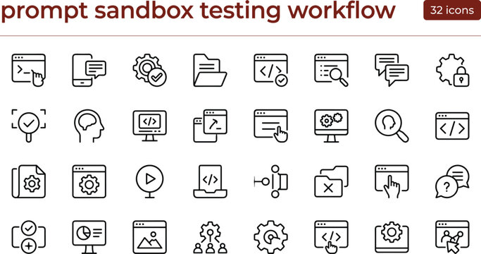 Prompt Sandbox Testing Workflow Outline Vector Icons for Secure AI Validation and Development Processes