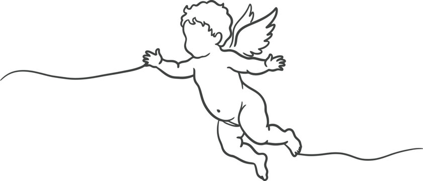 Minimalist line art of flying cupid with ribbon isolated on white background
