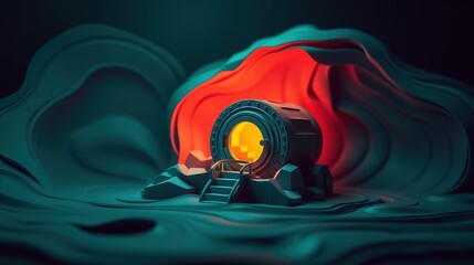 Fototapeta premium Futuristic structure glows warmly. Dark background contrasts vibrant colors, creating dramatic scene. Minimalist design emphasizes form, light.
