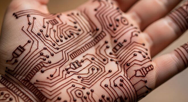 Circuit board pattern drawn as henna tattoo on a human palm