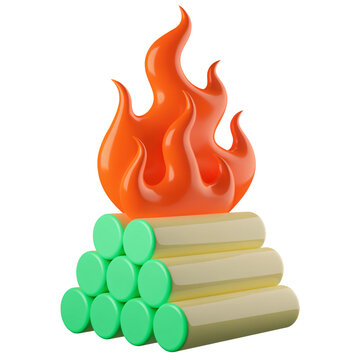 Stylized 3D illustration of a campfire with green-capped logs and vibrant orange flames.