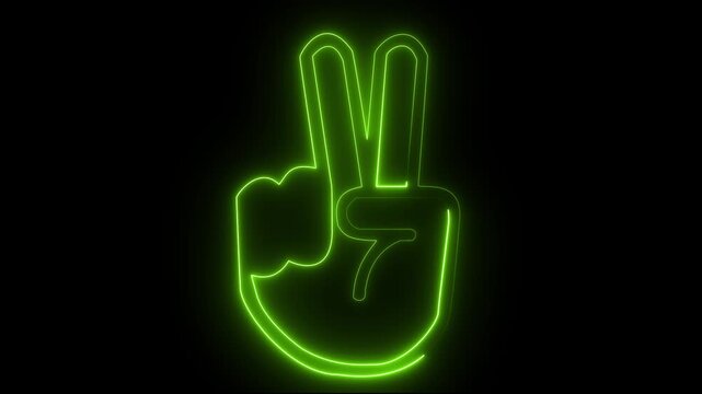 Neon Victore sign red icon animation, Glowing hand with two fingers in piece gesture on dark background