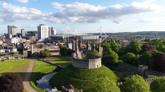 Drone footage captures Cardiff Castle with Principality Stadium in the background, showcasing the perfect blend of Welsh history, modern sport, and the vibrant skyline of Wales&rsquo; capital city.