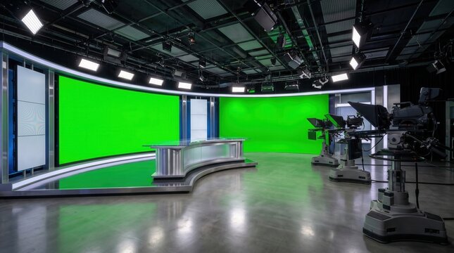 Modern television studio set featuring a large green screen, professional cameras, and an illuminated news desk. Ready for broadcast production.