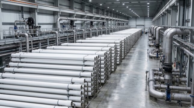 Large industrial water filtration system featuring many white cylindrical membranes and extensive stainless steel piping. Modern infrastructure for water purification.