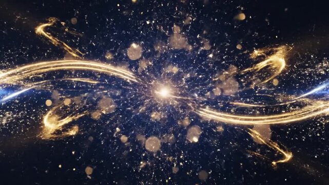 Abstract Golden Swirls and Particles Emanating from a Bright Central Light Source on a Dark Background.