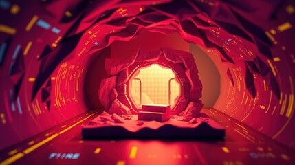 Fototapeta premium Low poly tunnel scene. Red, purple hues dominate. Bright light emanates from distant structure. Geometric shapes create depth.