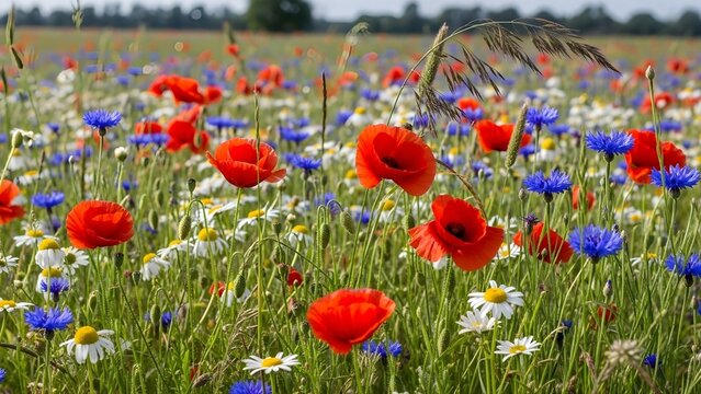 Colorful Wildflower Meadow in Bloom &ndash; Natural Field of Mixed Flowers, Vibrant Spring Landscape for Eco, Nature, and Outdoor Lifestyle Background