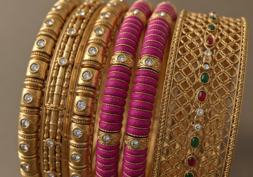 Traditional Indian Gold and Pink Silk Thread Bangles for Bridal Jewelry, South Asian Wedding Luxury Accessories