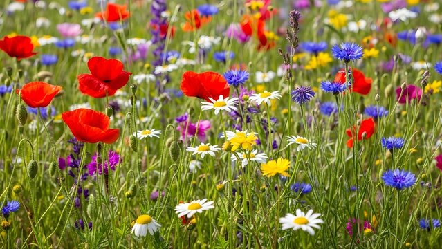 Lush Meadow with Diverse Wildflowers &ndash; Bright Floral Landscape Scene, Organic Nature Concept for Environmental Design, Travel, and Seasonal Wallpaper