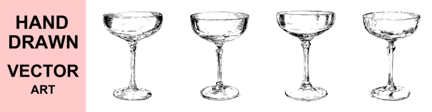 Hand Drawn Coupe Champagne Glass Vector Collection Vintage Engraving Style Cocktail Stemware Illustration Set Elegant Barware Design Elements for Luxury Celebrations