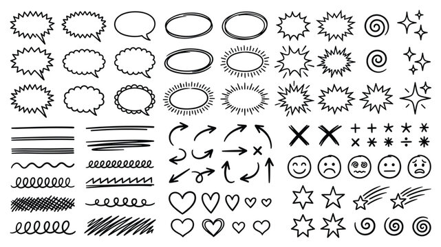 Hand drawn doodle speech bubble oval frame arrow emoji star vector set for social media design
