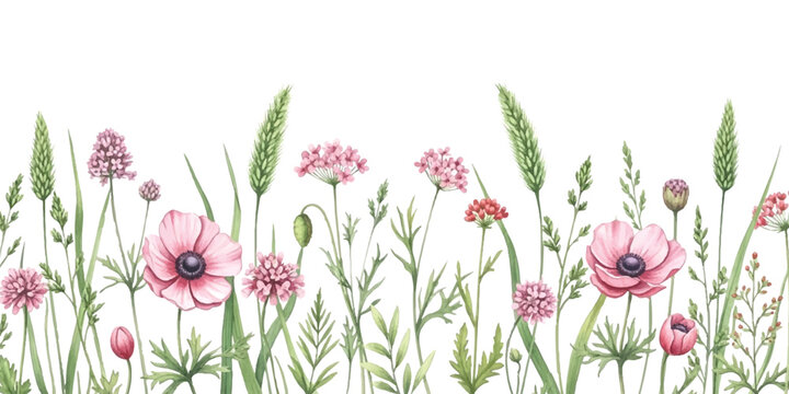 Seamless border pattern with hand drawn pink poppy flowers and green field grass