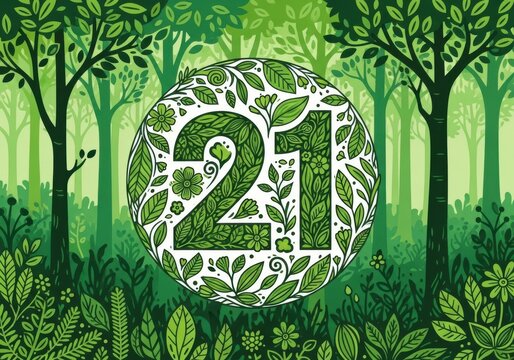 Green number twenty one in leafy forest scene