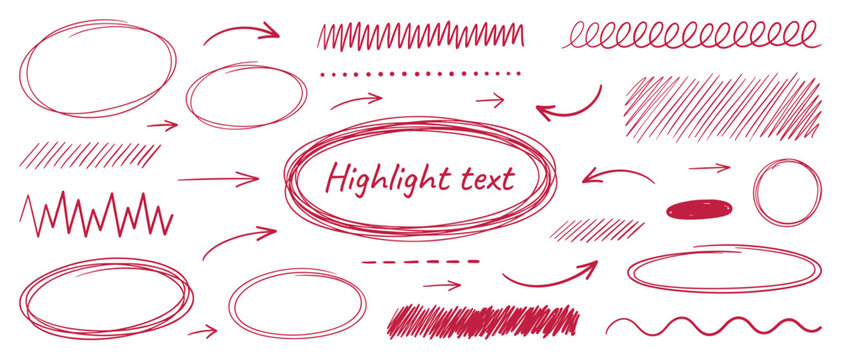 Red hand drawn highlight oval circle arrow scribble brushstroke vector set for text annotation design
