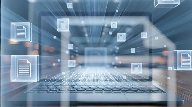 File transfer secure digital data transfer from laptop keyboard with glowing document icons conveying fast cloud sharing