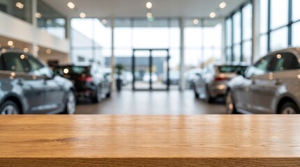 Fototapeta premium Empty wooden tabletop foreground on a blurred car showroom background, featuring defocused modern new automobiles parked in a bright dealership salon interior with high copy space for product display 