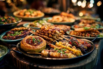 Obraz premium Variety of gourmet dishes and skewers on buffet table for dining