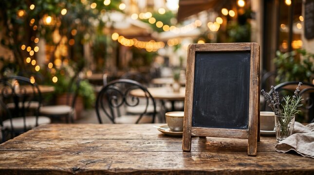 Empty mini wooden chalkboard easel sign on a rustic table in an outdoor cafe restaurant terrace, cozy coffee shop background with beautiful blurred bokeh lights, copy space board.