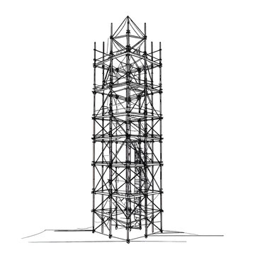 A tall, abstract drawing of a scaffolding structure, with intricate crossbeams on white