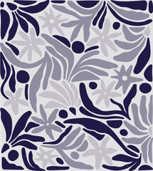 Fototapeta premium Trendy abstract botanical seamless pattern featuring organic hand-drawn flowers and leaves in a modern purple and lilac palette. Perfect for stylish apparel, chic packaging, and home decor