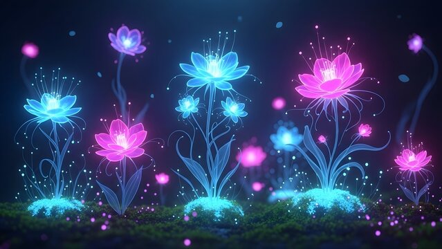 Glowing Neon Flowers in Dark Background &ndash; Futuristic Surreal Floral Art with Vibrant Colors for Digital Design, Sci-Fi Themes, and Creative Projects