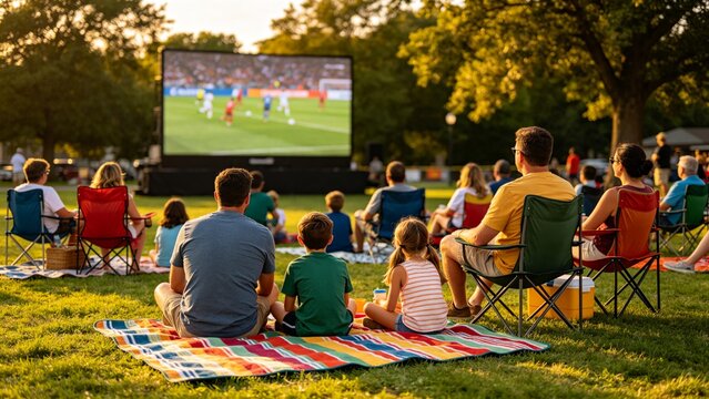 Outdoor soccer viewing party with families watching match on grass
