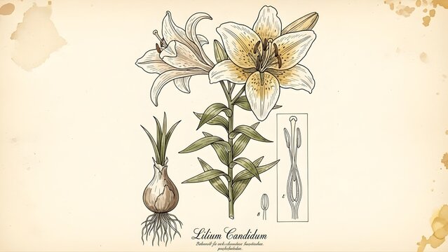 Antique Style Botanical Sketch of Flower &ndash; Detailed Vintage Plant Illustration with Labels, Perfect for Posters, Books, and Retro Design Projects