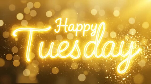 A bright and glowing "Happy Tuesday" message illuminated with golden light and sparkling bokeh effects.