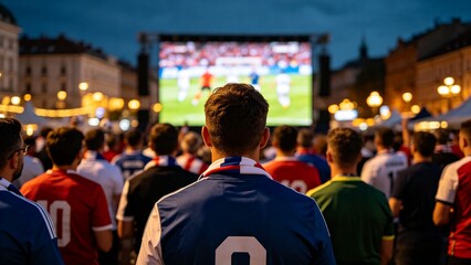 Crowd watching outdoor soccer match on big screen in city square