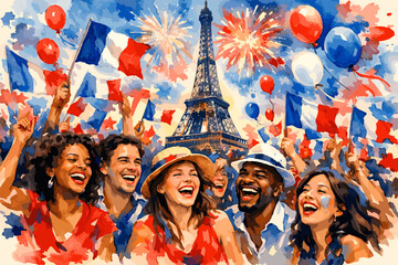 Fototapeta premium A vibrant watercolor painting depicts a joyous crowd celebrating Bastille Day in Paris, with the Eiffel Tower and fireworks in the background.