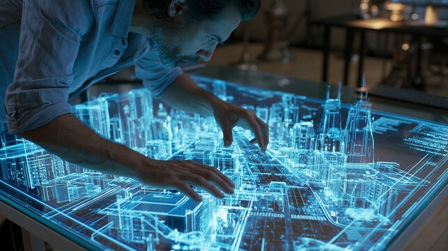 A man interacts with a futuristic digital cityscape on a glowing blue touchscreen display
