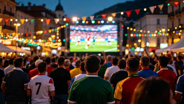 Festive outdoor football viewing party with crowd and big screen