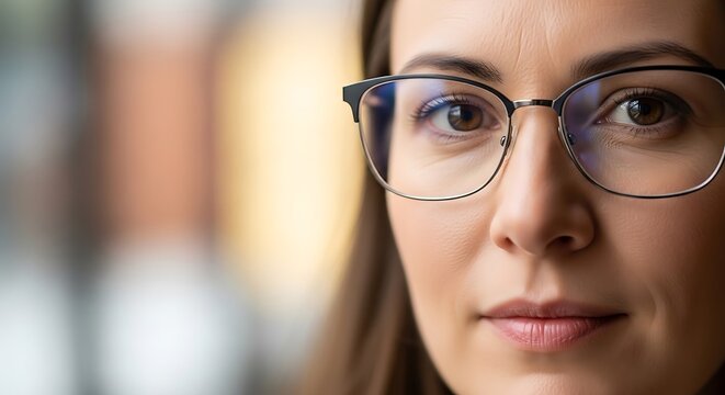 Closeup view of woman wearing eyeglasses on blurred background