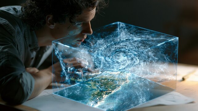 A man intently examines a futuristic, glowing, transparent cube with swirling blue patterns on a desk