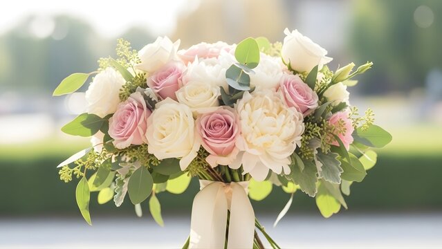 Elegant Wedding Bouquet with Roses and Peonies &ndash; Romantic Bridal Flowers in Soft Light for Ceremony, Invitation Design, and Luxury Decor