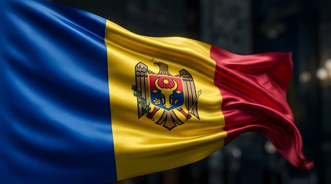 The Moldovan flag waves proudly outdoors in a dynamic scene with clear details.