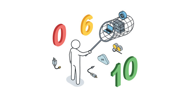 Person connecting binary numbers with network cable illustration.
