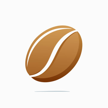 A single stylized brown coffee bean with a subtle shadow casting on a clean white surface
